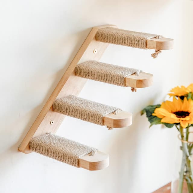 Detalle de FUKUMARU Kletterwand für Katzen – Katzentreppe aus massivem Gummiholz, mit Juteseil (40 cm)