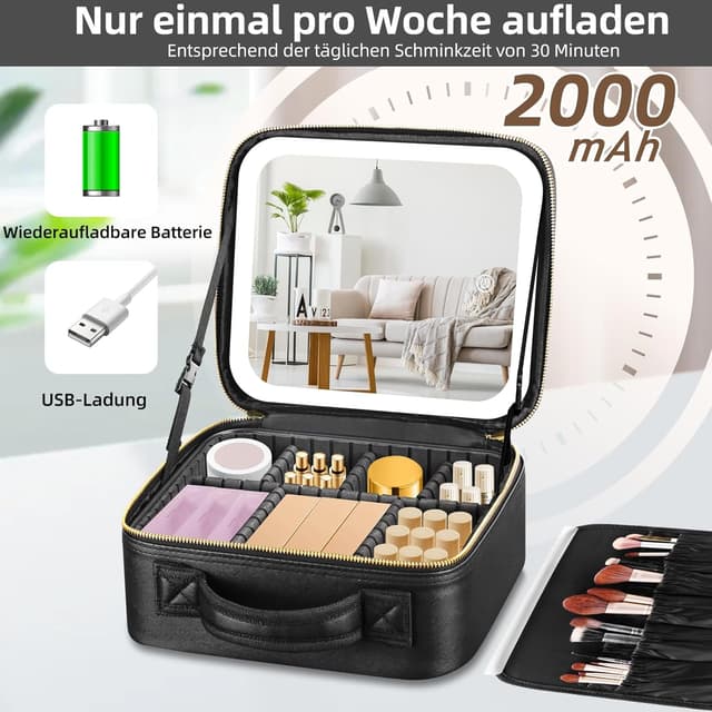 Detalle 2 de Suupvaor Reisekosmetiktasche mit beleuchtetem Spiegel und 3 Farbmodi (dimmbares Licht)