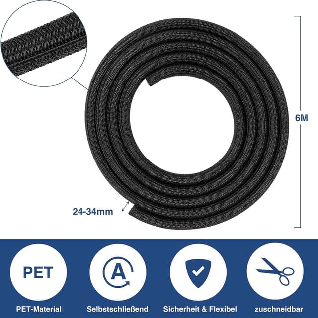 Detalle de Palazen 6 m Kabelschlauch selbstschließend (24–34 mm), flexibler gewebter Kabelschutz, zuschneidbar – schwarz