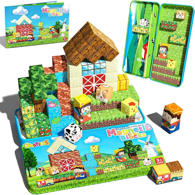 Detalle de Mini Magnetic Blocks Farm Magnetic Building Cubes Set (40 Pieces) with Portable Iron Box
