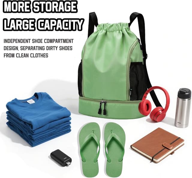 Detalle de RainFlowwer Waterproof Drawstring Gym Bag with Shoe Compartment (Large) – Sports Backpack for Gym, Travel, Hiking & Daily Use