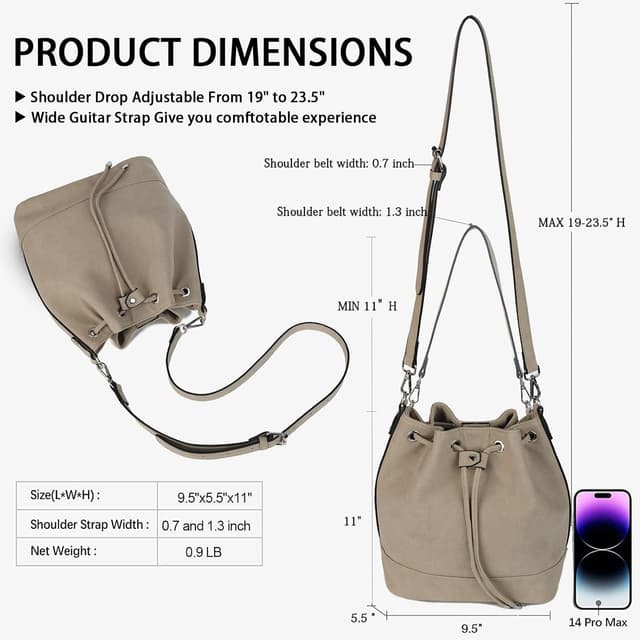 Detalle de AFKOMST bucket bag for women with drawstring closure and 2 straps
