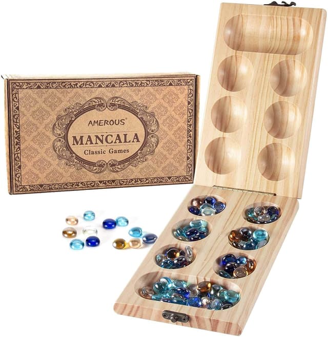 Detalle de AMEROUS Wooden Mancala Board Game Set (Folding Board) with Glass Stones – Portable Mancala Instructions & Gift Package