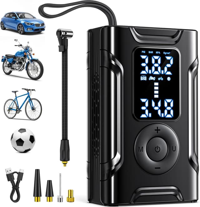 Detalle de Kabellose elektrische Luftpumpe (Akku-Kompressor) für Fahrrad, Auto und Motorrad – 150 PSI, digital mit Sensor