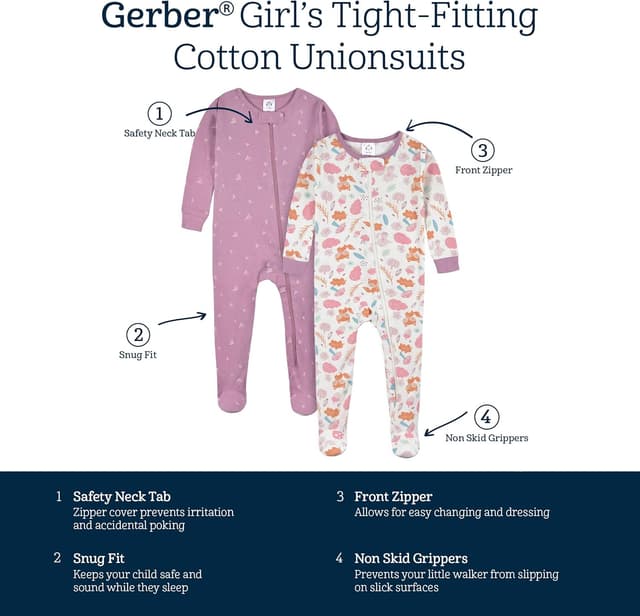 Detalle de Pyjamas bébé fille Gerber – Lot de 4 pièces à fermeture avant, ajustement près du corps