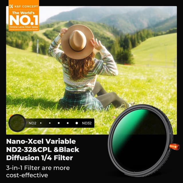 Detalle 2 de K&F CONCEPT 3-in-1 Variabler ND2–32 + CPL + Black Mist 1/4 Filter (95 mm) für Video & Porträts