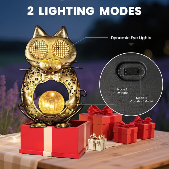 Detalle 1 de Global Golden Solar Cat Garden Light with Auto On/Off, 2 LED Modes and IP55 Weatherproofing