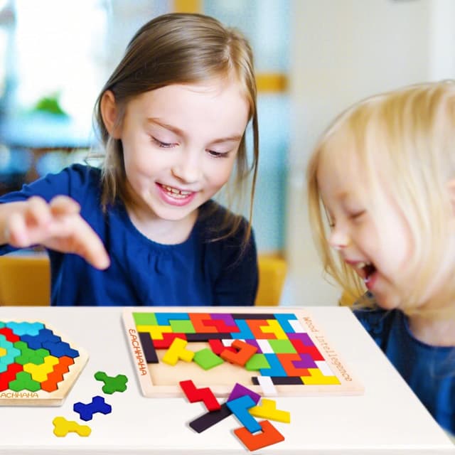 Detalle 2 de EACHHAHA Montessori Spielzeug ab 4 Jahren: 3-in-1 Tangram & Hexagon-Puzzle aus Holz