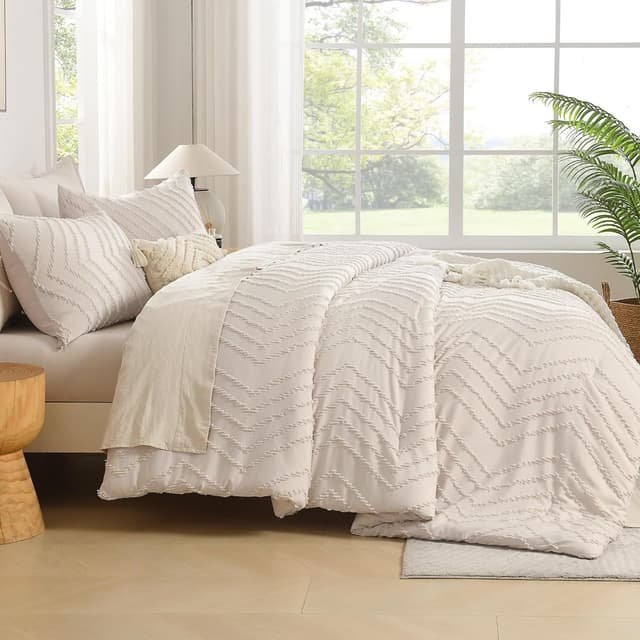Detalle de Andency Queen Comforter Set Beige (Queen Size, 3-Piece Boho/Cream Neutral Bedding)