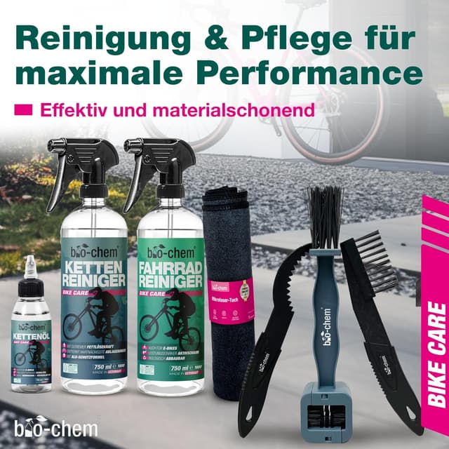 Detalle de bio-chem CLEANTEC Bio-chem Pflegeset für Fahrrad & Mountainbike – Profi-Reinigungs-Set mit 7 Teilen (750 ml Reiniger, 750 ml Kettenentfetter, 100 ml Schmieröl)