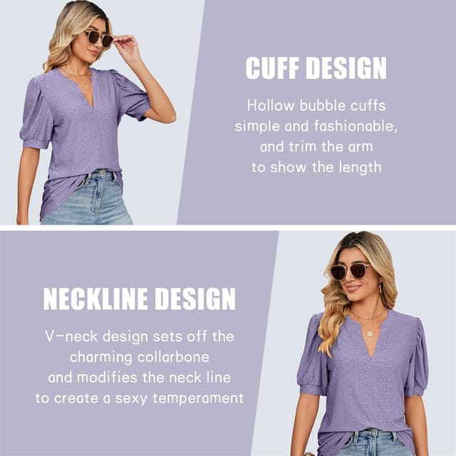 Detalle de EDOTON Donna maglietta con scollo a V e maniche a vescica, camicetta casual in poliestere (taglie S–XXL)
