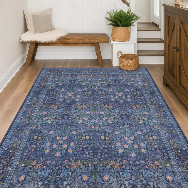 Thumbnail 5 de 5x7 Dark Navy Blue Vintage Floral Area Rug 🏡