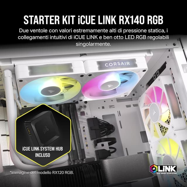 Detalle de CORSAIR iCUE LINK RX140 RGB 140 mm Ventole PWM con System Hub iCUE LINK (bianco)