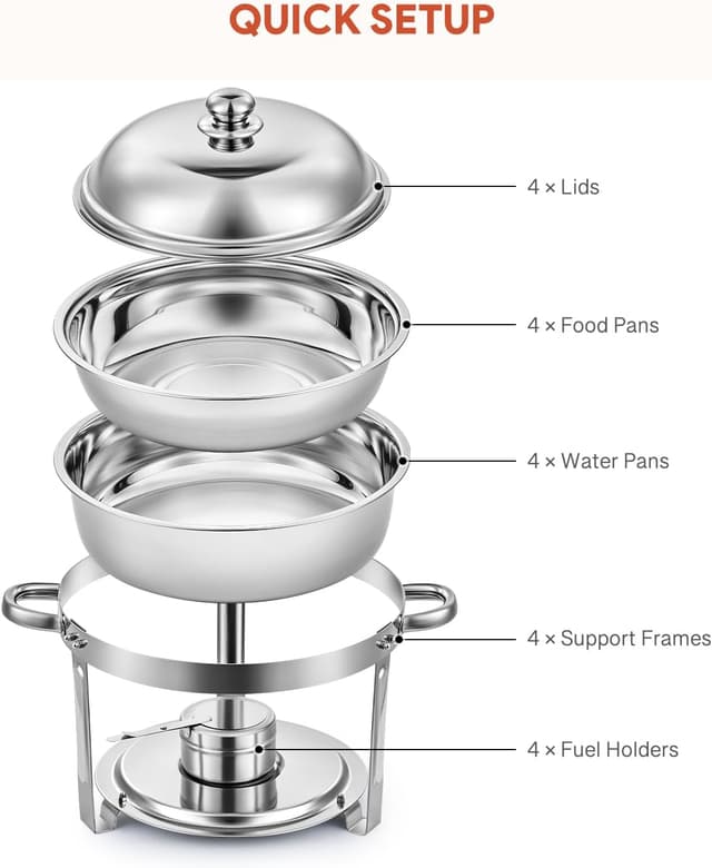 Detalle de Wilprep Chafing Dish Buffet Set of 4 (Round Stainless Steel) – 5L food warmer trays with lids