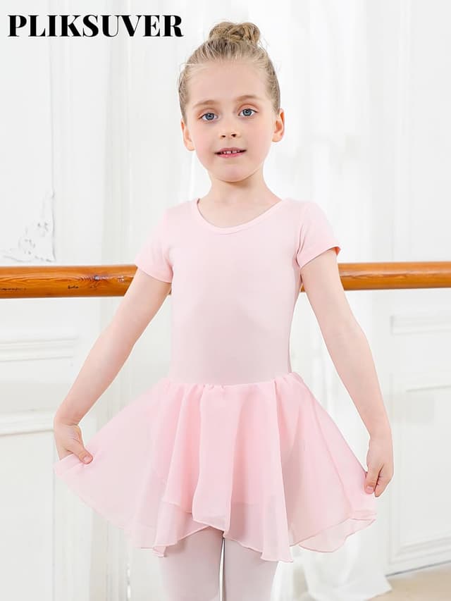Detalle de PLIKSUVER Girls Ballet Dress with Chiffon Skirt – short-sleeve leotard outfit