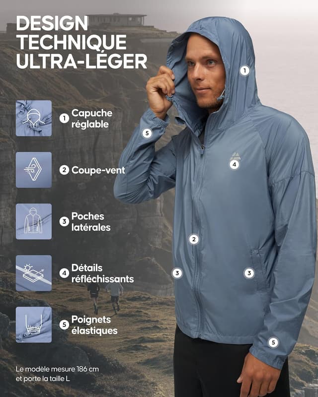 Detalle de Danish Endurance veste coupe-vent homme ultra-légère et respirante, capuche ajustable