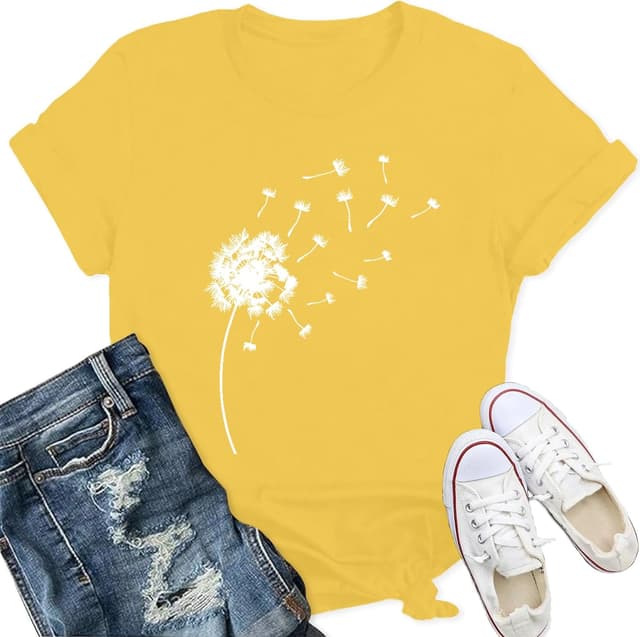 Detalle de Qskall women’s dandelion flower casual t-shirt – soft loose-fit summer tee