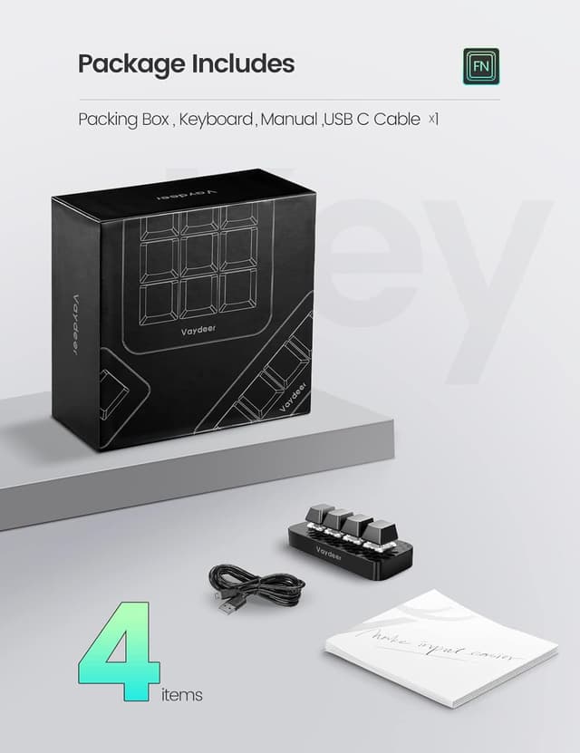 Thumbnail 6 de VAYDEER clavier macro mécanique à 1 main avec 4 touches programmables et adaptateur USB‑C