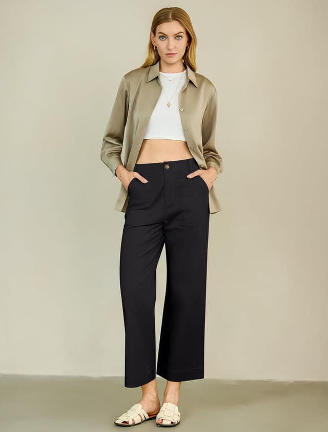 Detalle de Eddoyee Womens Wide Leg Ankle Pants — High-Waisted Elastic Waist Straight-Leg Cropped Stretch Pants