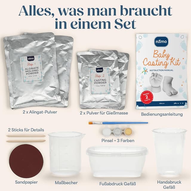 Detalle 1 de Niimo® 3D Gipsabdruck Baby Hand und Fuß – Set für detailgetreue Abdrucke als Geburtstags-/Taufgeschenk (0–9 Monate)