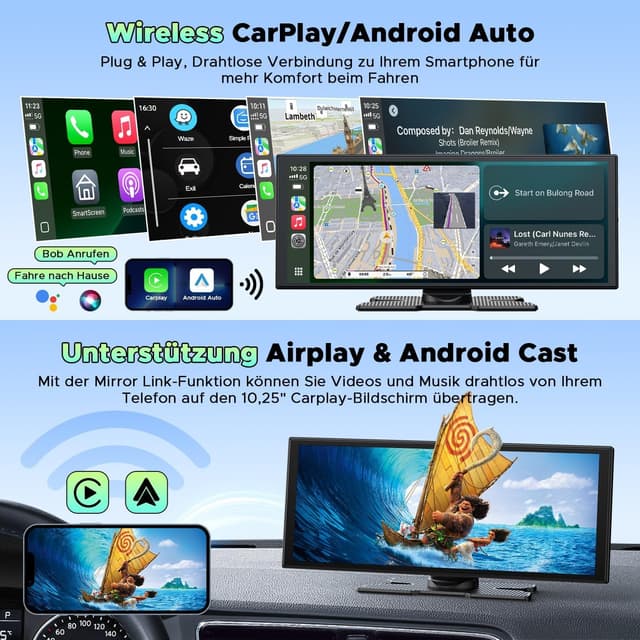 Detalle de LAMTTO display wireless CarPlay/Android Auto da 10,25" con dashcam anteriore e posteriore (2,5K + 1080P) e assistente vocale