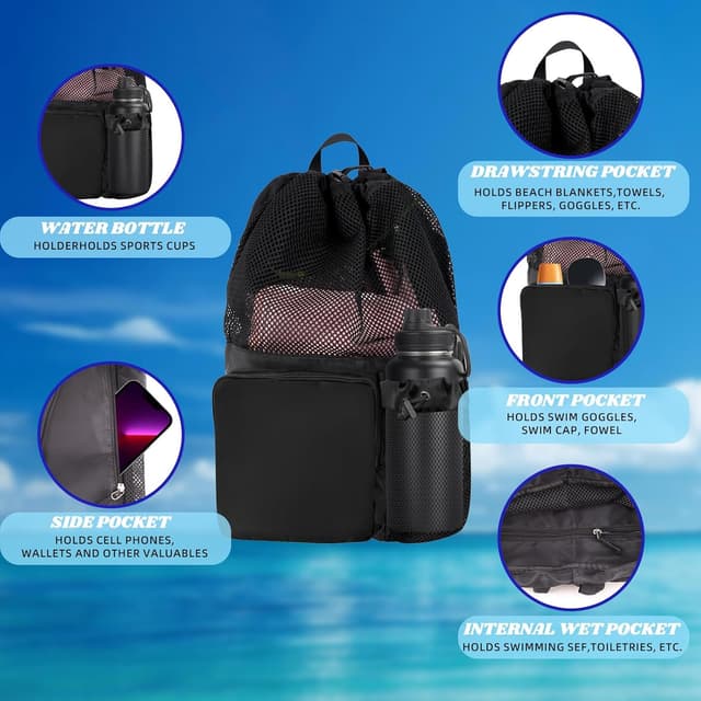 Detalle de QBEJIME Swimming Bag Mesh Drawstring with Wet Pocket and Waterproof Zipper