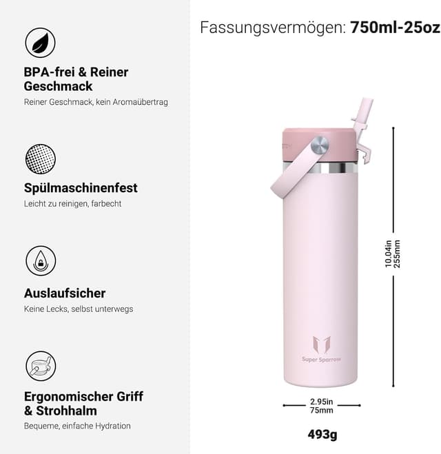 Detalle de Super Sparrow Edelstahl-Trinkflasche 750 ml mit weiter Öffnung und SwivelSip – Thermosflasche mit Strohhalm