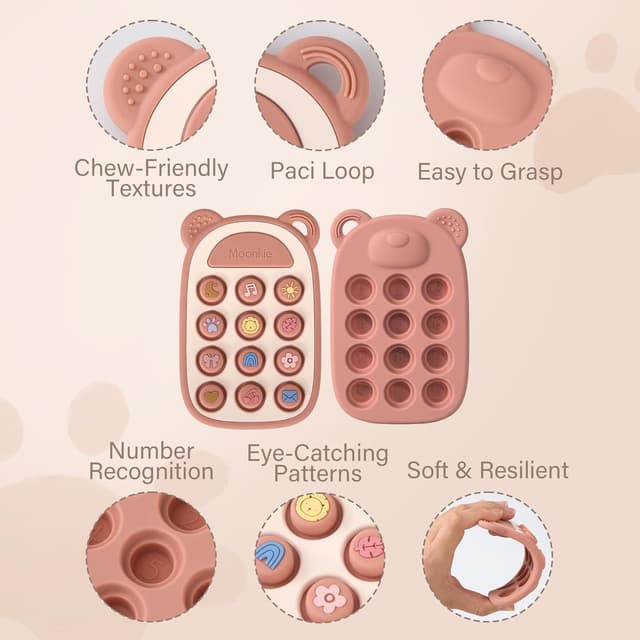Detalle de Moonkie Silicone Phone Press Teether (Blush) — BPA-free teething toy for 3 months+
