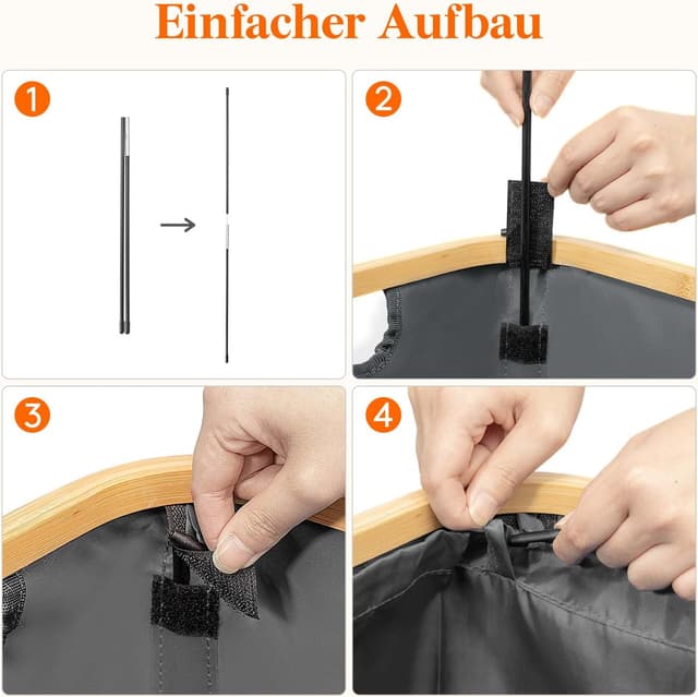 Detalle 2 de Lifewit 50L schmaler Wäschekorb mit Deckel aus Bambus & Oxford-Gewebe – faltbar, mit Tragegriff, Schwarz