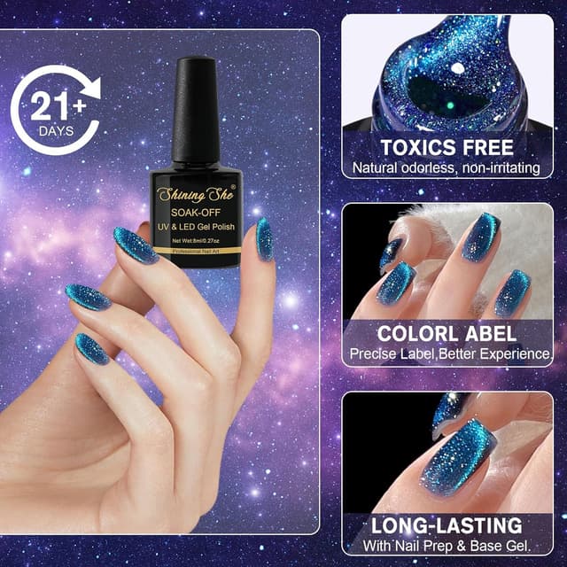 Detalle de Shining She UV Nagellack CatEye-Set (4 Farben) mit Magnet – Burgund, Rot, Lila, Blau/Grün/Glitzer, 8 ml