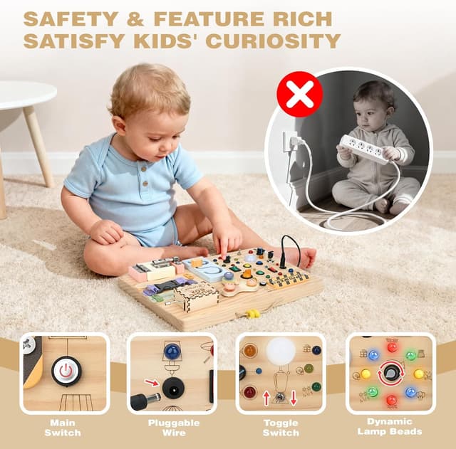 Detalle 2 de Joyreal Montessori Busy Board 2-in-1 ab 1 Jahr – Holz Motorikspielzeug mit 20 LED-Lichtern