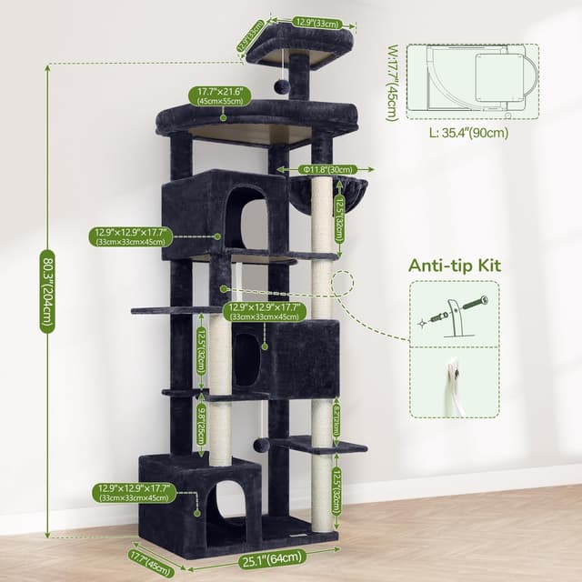 Thumbnail 1 de Globlazer Globlazer Tiragraffi XXL alto 203 cm con 3 grandi grotte, piattaforma e cesto per 4-6 gatti adulti (S80, grigio scuro)