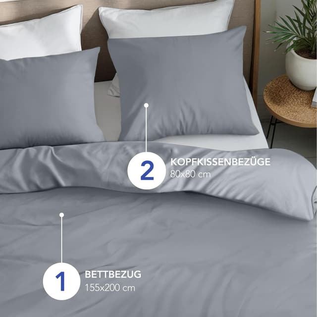 Detalle de Dreamzie Mako-Satin Bettwäsche-Set 155x220 cm (grau) mit 1 Kissenbezug 80x80 cm, Oeko-Tex zertifiziert