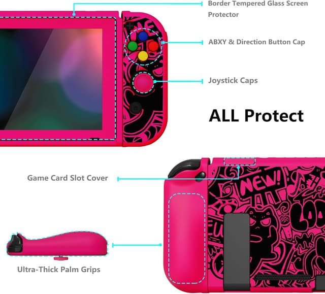 Detalle de playvital ZealProtect Soft Protective Case for Nintendo Switch (VV & Bright Pink) with tempered glass screen protector