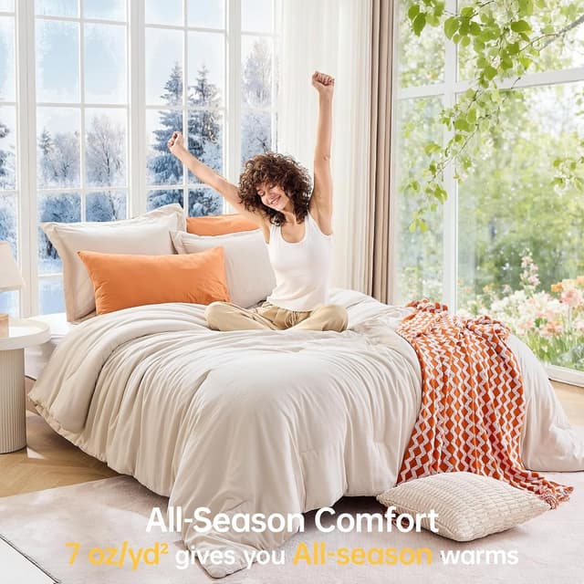 Detalle 2 de MUXHOMO Queen Size Comforter Set (Beige) — 3-Piece All-Season Down-Alternative Bedding