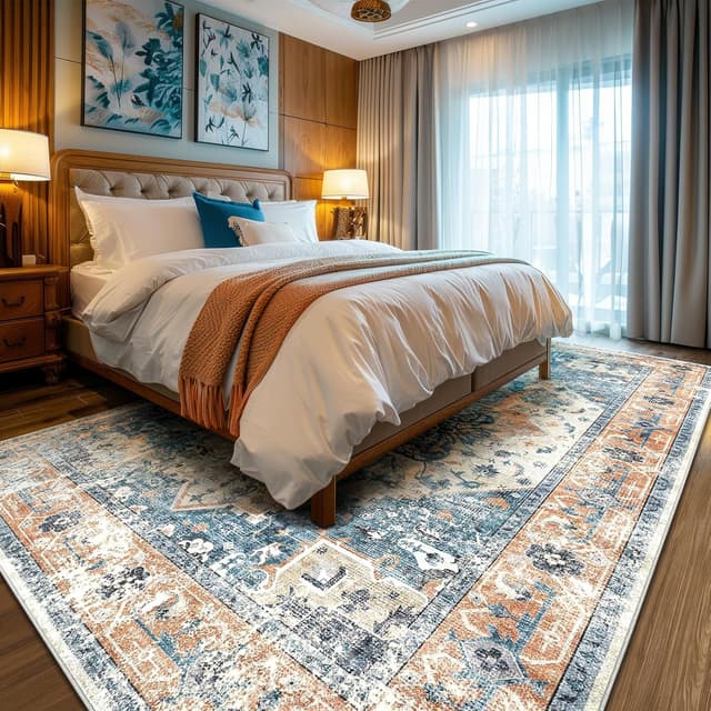 Detalle de XSIVOD Blue Area Rug 240 x 300 cm – washable non-slip vintage-style low pile for living room, bedroom & dining room