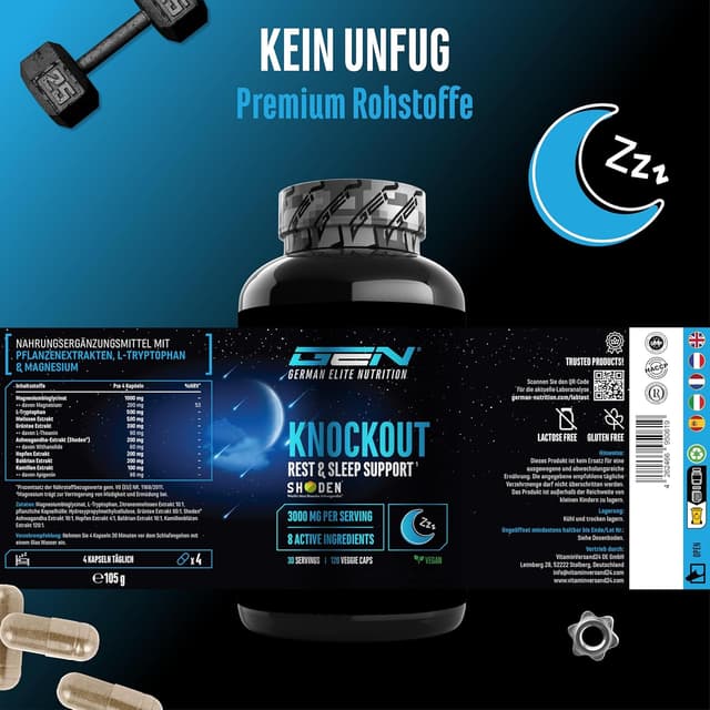 Detalle 2 de Knockout Sleep & Recover Support (120 Kapseln, vegan) mit Shoden® Ashwagandha, Magnesium, L-Tryptophan und L-Theanin
