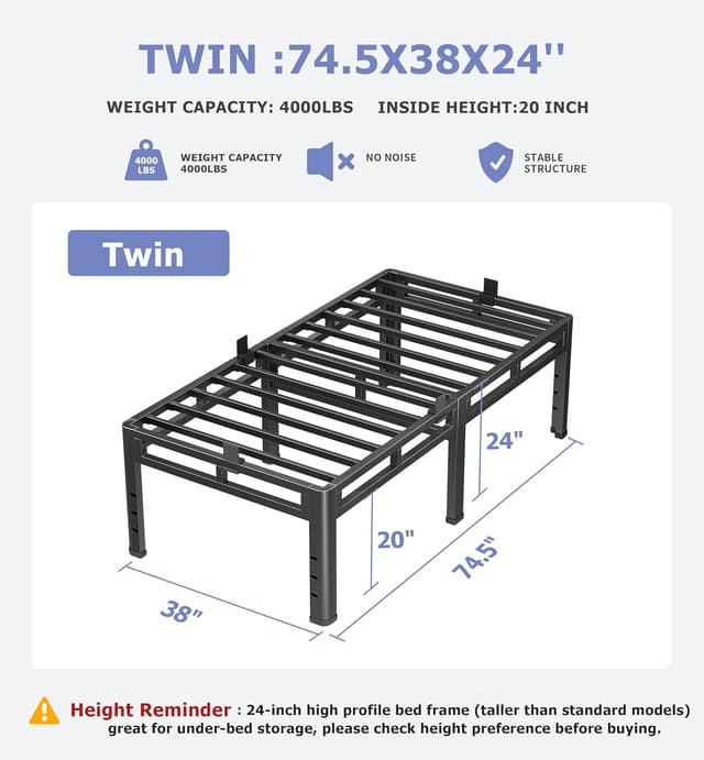 Detalle de NKZ 24 Inch Twin Size Metal Bed Frame with 2-in-1 Platform (No Box Spring Needed)
