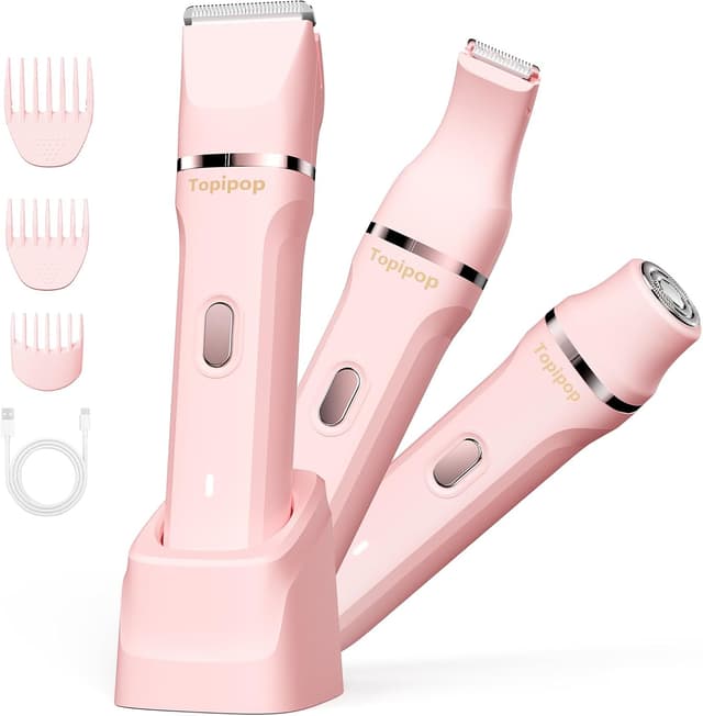 Detalle de Elektrischer Intimrasierer für Frauen mit 3 Aufsätzen, kabellos & wiederaufladbar (IPX7, Rosa)
