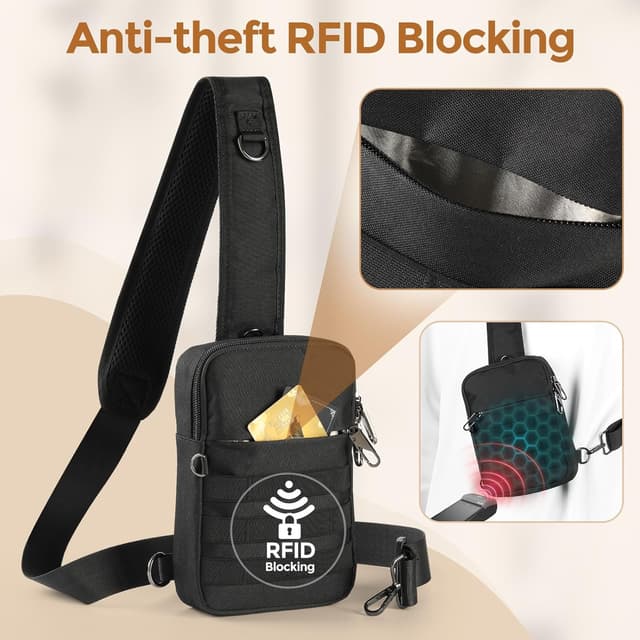 Detalle de BROADREAM Tactical Waterproof Sling Bag: anti-theft crossbody chest pack with RFID-blocking
