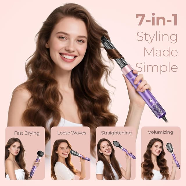 Detalle de Vincofy 7-in-1 Hair Dryer Brush and Hair Styler Set (Purple) — Fast Drying, Curling, Straightening & Volumizing