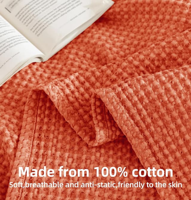 Detalle de Talasily 100% Cotton Waffle Blanket Throw (150 x 200cm) – Orange-red