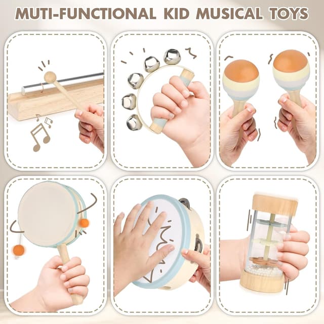 Detalle de Kids Wooden Musical Instrument Set (Maracas, Drum, Tambourine & More) for Toddlers