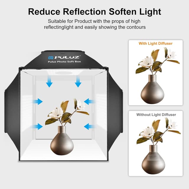 Detalle de PULUZ 40 cm Fotobox-Softbox Lichtzelt inkl. 5500K & 4 Hintergründe (schwarz, weiß, orange, grün)