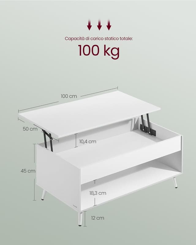 Detalle de VASAGLE tavolino elevabile 100 kg LCT267