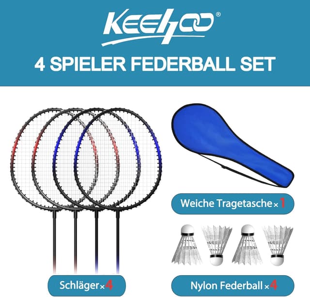 Detalle 2 de Keehoo KH Federball-Set Badminton-Schläger (2–4 Spieler) mit Federbällen und Tragetasche