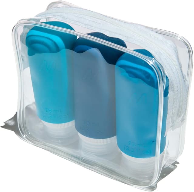 Detalle de Muitomas flaconi da viaggio da 98 ml con custodia trasparente in silicone (3 pezzi) blu ottanio