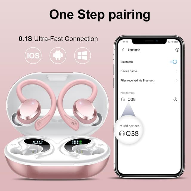 Detalle de Wireless Earbuds with ENC Mic, Bluetooth 5.4, 68H battery, Dual LED case display, IPX7 sport earhooks