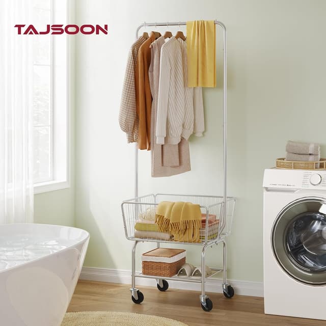 Detalle 2 de Tajsoon Laundry Cart with Clothes Rack (Chrome) – mobile laundry hamper with hanging rail and lockable wheels