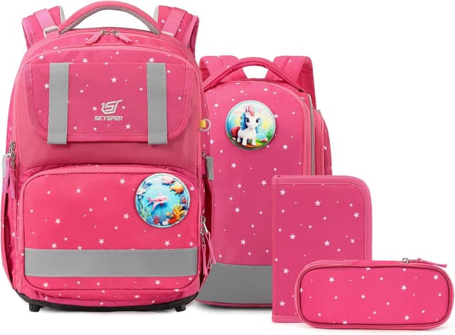 Detalle de SKYSPER Schulranzen-Set 5-teilig mit ergonomischem Tragesystem, 16L und 360° Reflektorstreifen